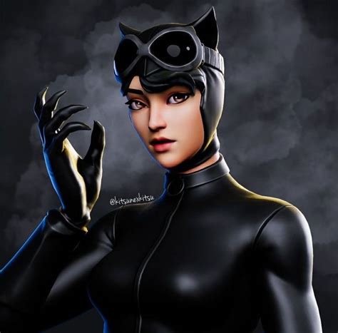 A fantastic Fortnite PFP digital art shows the back view of the Wildcat outfit standing on a backdrop of building establishments with neon lights. . Catwoman fortnite pfp